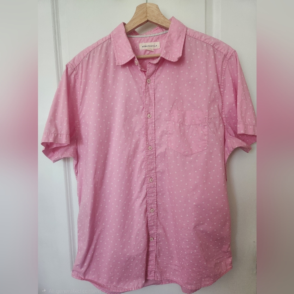 Aeropostale Mens Shirt Button Down Short Sleeve Pink White Preppy Brunch Large